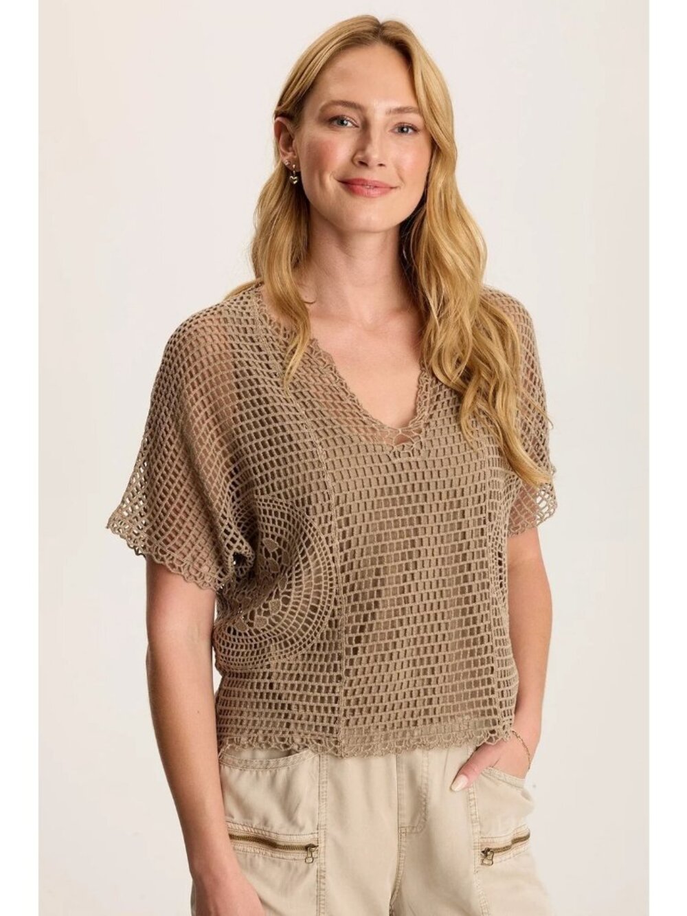 XCVI Size S Centre Crochet Layered Top Relaxed Fit Lagenlook Boho Beige